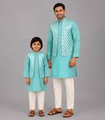 Aqua blue woven cotton silk father son kurta combo set