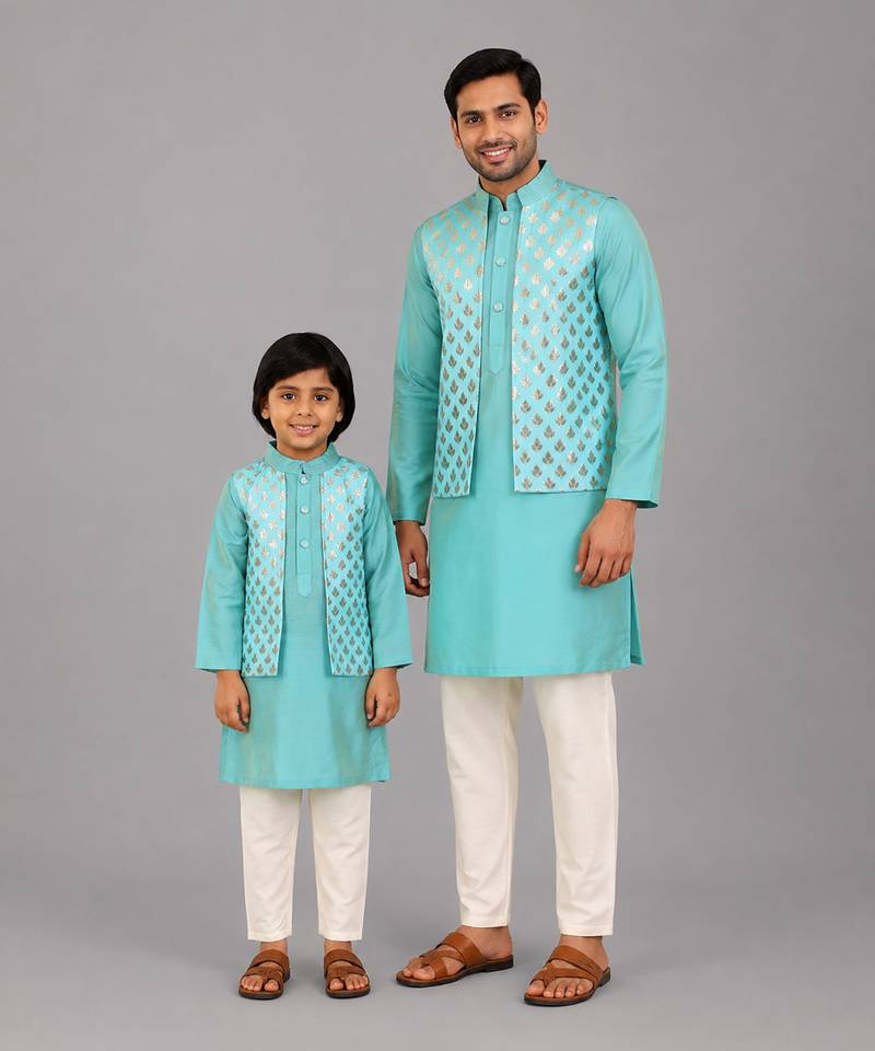Aqua blue woven cotton silk father son kurta combo set