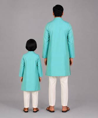 Aqua blue woven cotton silk father son kurta combo set 2