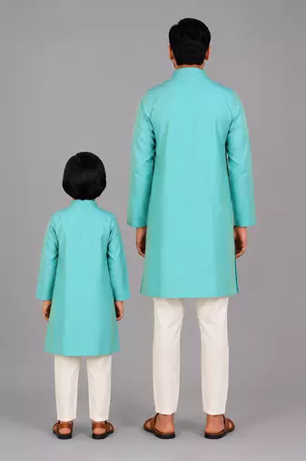 Aqua blue woven cotton silk father son kurta combo set
