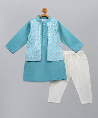 Aqua blue woven cotton silk father son kurta combo set 3