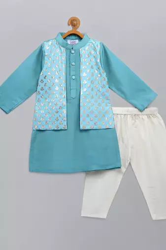Aqua blue woven cotton silk father son kurta combo set