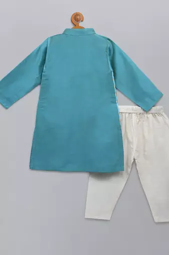 Aqua blue woven cotton silk father son kurta combo set