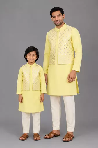 Pastel yellow woven cotton silk father son kurta combo set