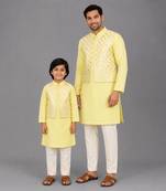 Pastel yellow woven cotton silk father son kurta combo set