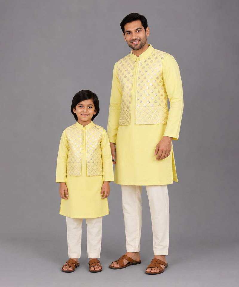 Pastel yellow woven cotton silk father son kurta combo set
