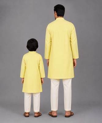 Pastel yellow woven cotton silk father son kurta combo set 2