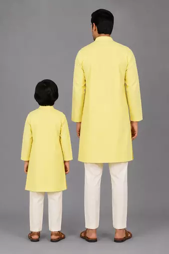 Pastel yellow woven cotton silk father son kurta combo set
