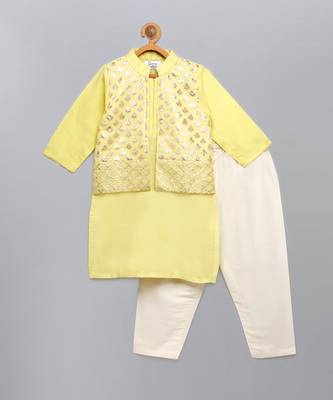Pastel yellow woven cotton silk father son kurta combo set 3