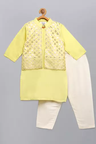 Pastel yellow woven cotton silk father son kurta combo set