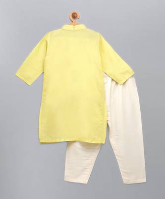 Pastel yellow woven cotton silk father son kurta combo set 4