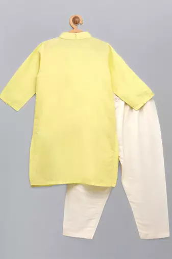 Pastel yellow woven cotton silk father son kurta combo set