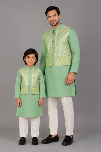 Mint green woven cotton silk father son kurta combo set