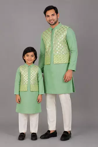 Mint green woven cotton silk father son kurta combo set