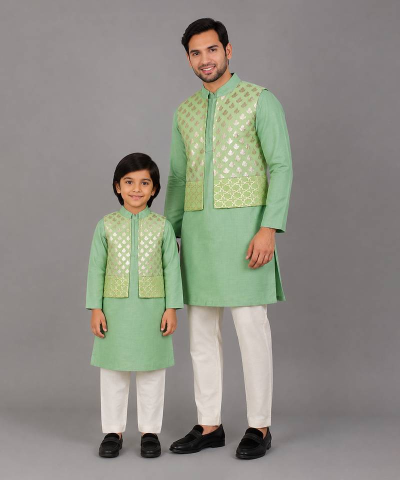 Mint green woven cotton silk father son kurta combo set