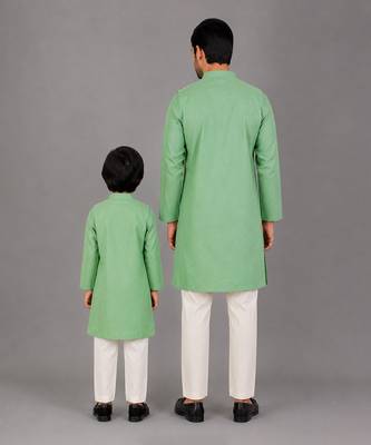 Mint green woven cotton silk father son kurta combo set 2