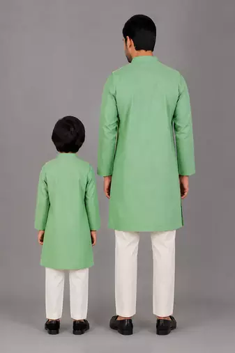 Mint green woven cotton silk father son kurta combo set