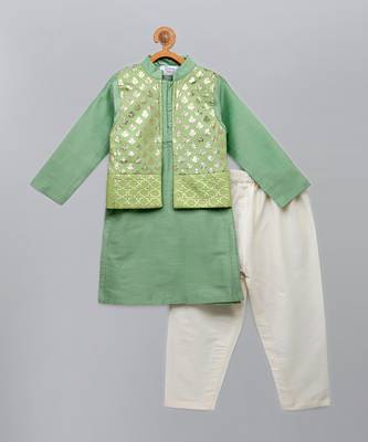 Mint green woven cotton silk father son kurta combo set 3