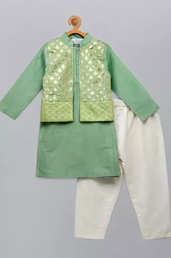 Mint green woven cotton silk father son kurta combo set