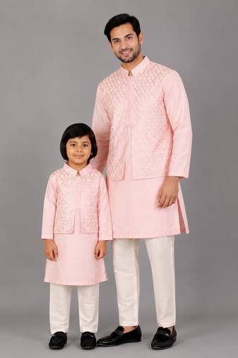 Baby pink woven cotton silk father son kurta combo set
