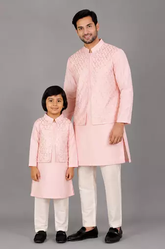 Baby pink woven cotton silk father son kurta combo set