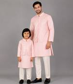 Baby pink woven cotton silk father son kurta combo set