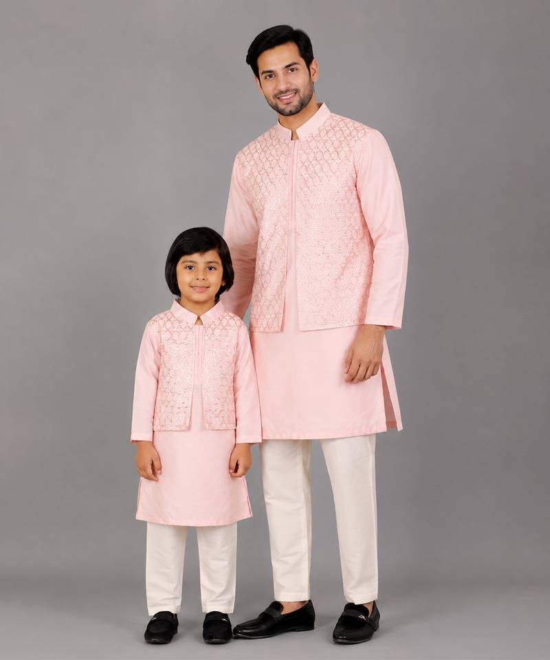 Baby pink woven cotton silk father son kurta combo set