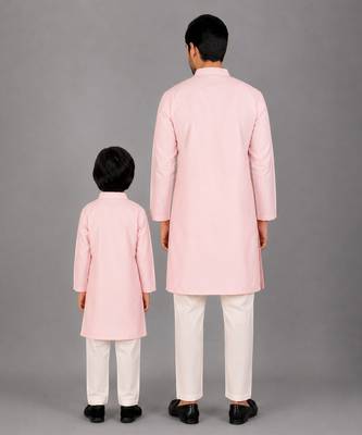 Baby pink woven cotton silk father son kurta combo set 2