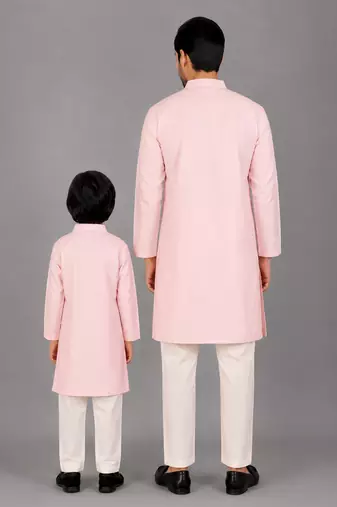 Baby pink woven cotton silk father son kurta combo set