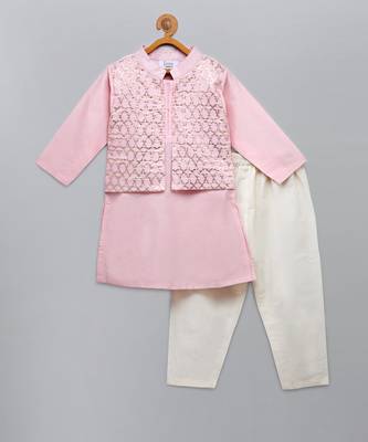 Baby pink woven cotton silk father son kurta combo set 3