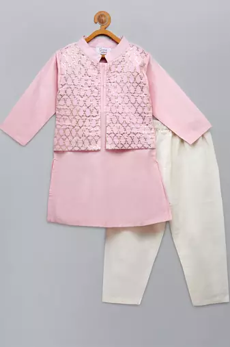 Baby pink woven cotton silk father son kurta combo set