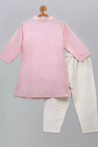 Baby pink woven cotton silk father son kurta combo set