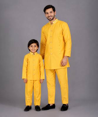 Mustard yellow cotton silk father son bandhgala combo set 1