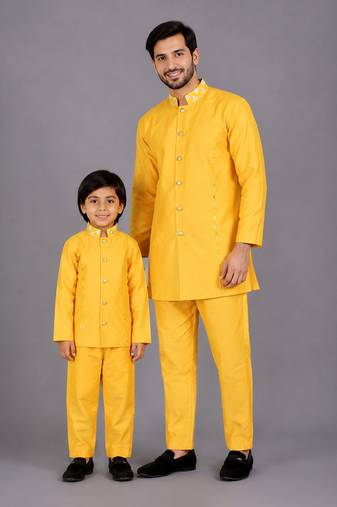 Mustard yellow cotton silk father son bandhgala combo set