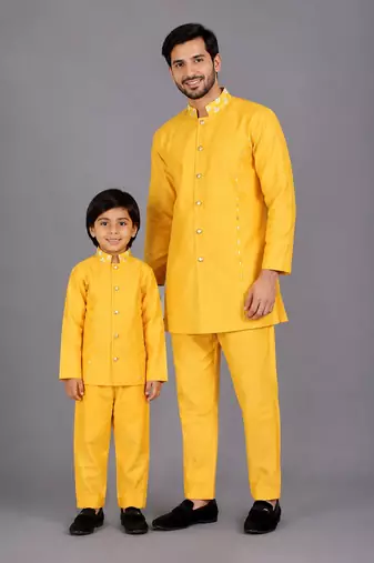 Mustard yellow cotton silk father son bandhgala combo set