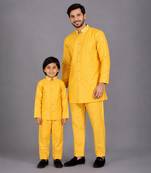 Mustard yellow cotton silk father son bandhgala combo set