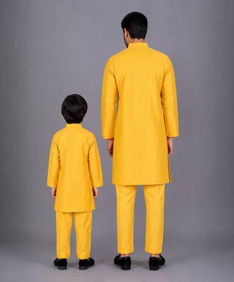 Mustard yellow cotton silk father son bandhgala combo set 2