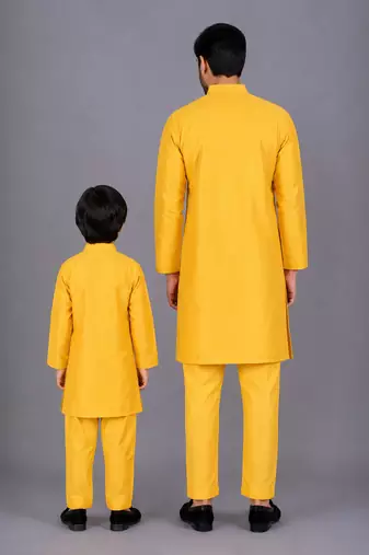 Mustard yellow cotton silk father son bandhgala combo set