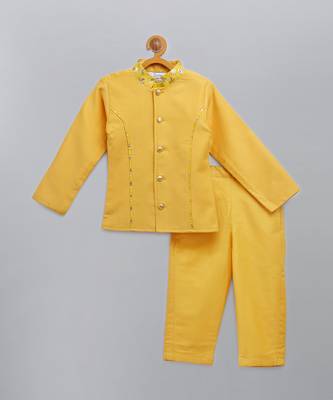 Mustard yellow cotton silk father son bandhgala combo set 3