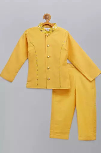 Mustard yellow cotton silk father son bandhgala combo set