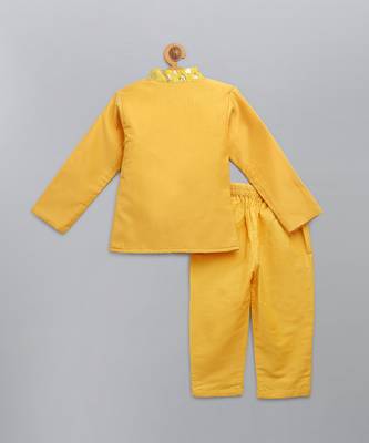 Mustard yellow cotton silk father son bandhgala combo set 4