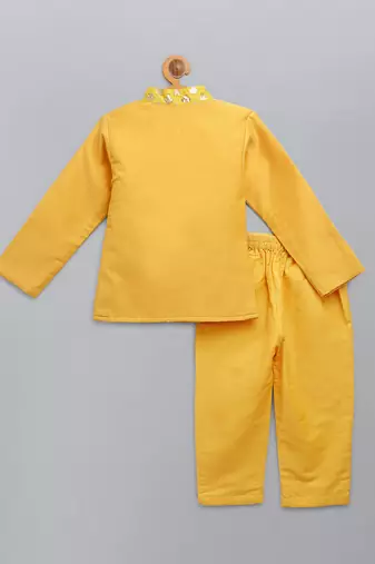 Mustard yellow cotton silk father son bandhgala combo set