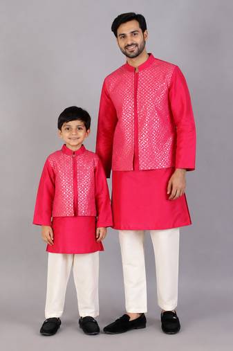 Pink cotton silk father son kurta combo set