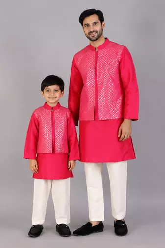 Pink cotton silk father son kurta combo set
