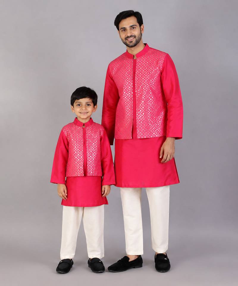 Pink cotton silk father son kurta combo set