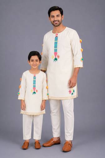 White printed cotton father son kurta combo set