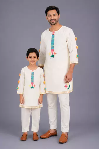 White printed cotton father son kurta combo set