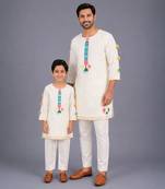 White printed cotton father son kurta combo set