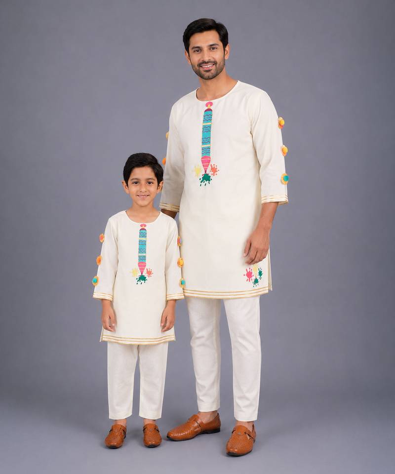 White printed cotton father son kurta combo set
