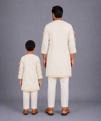 White printed cotton father son kurta combo set 2